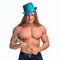 Singer bodybuilder shirtless with long hair in a blue hat with a microphone