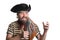 Singer dressed as pirate sings microphone.