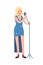 Singer performing. Female vocalist stands with microphone and sings song, musical performance. Karaoke or symphony