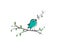 Singing bird silhouette on branch, vector. Colorful fun bird illustration. Cartoon.  Wall decals, wall artwork.  Poster design
