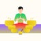 Singing bowl concept with calm man sitting between singing bowls with his eyes closed