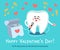 Singing cartoon tooth with dental floss. Valentine`s Day. Greeting card from dentistry