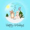 Singing cats and mouse. Happy holidays. Vector.