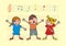 Singing children, at the background are stave and music notes