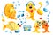 Singing and dancing goldfish. Cartoon character in watercolor. Children`s drawing with fish, notes and player for the design of