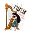 Singing girl with harp and lettering - `Music`. Vector illustration for music festival.