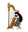 Singing girl with harp. Vector illustration for music festival. Bright poster.
