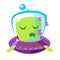 Singing green alien in a flying saucer, cute cartoon monster. Colorful vector character