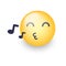 Singing smiley face. Emoji whistles a song. Cartoon vector emoticon with notes. Happy yellow vector cartoon character with eyes cl