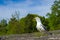 Singing white and grey seagull on granite stone