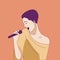 Singing woman. Beautiful professional singer with microphone.