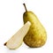 Single abate fetel pear next to a slice of pear isolated on whit