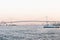 Single big boat and rainbow bridge at sumida river viewpoint in