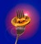 Single bitcoin macro image on fork to illustrate new blockchain