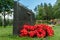 Single black gravestone with red flowers