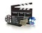 Single, black, open movie clapper or clapper-board with dvd movie disc, film reel, remote control and movie theatre tickets on