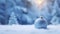 Single blue Christmas ball on snow covered surface in a winter forest.