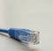 Single blue RJ45 CAT6 shielded network data internet cable connector on gray background with copyspace.