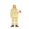 Single brave female firefighter emergency worker character wearing helmet and uniform with hatchet