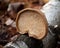 Single brown fungus growing on log