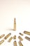 A single bullet standing in front of several other bullets of various calibers.