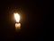 A single burning candle flame or light glowing on a spiral white candle against little blowing wind on black or dark background on