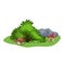 Single bush in cartoon style. Green shrub on the grass among stones and mushrooms. Botanical and ecological illustration.