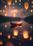 A single canoe on a lake, glowing paper lanterns falling all around