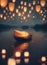 A single canoe on a lake, glowing paper lanterns falling all around