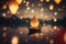 A single canoe on a lake, glowing paper lanterns falling all around