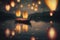 A single canoe on a lake, glowing paper lanterns falling all around