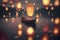 A single canoe on a lake, glowing paper lanterns falling all around