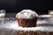 single chocolate muffin with a dusting of powdered sugar