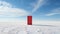 A single closed red door standing on a desert. Unusual design concept