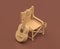 single color folding chair and a guitar in brown background, 3d rendering, mustard-colored camping objects, making music