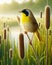 Single Colorful Male Common Yellowthroat Perched Marsh Bulrush Springtime Morning Sunrise Small Bird AI Generated