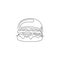 Single continuous line drawing of American burger logo label. Emblem fast food sandwich restaurant concept. Modern one line draw