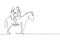 Single continuous line drawing Arab couple riding horses face to face at sunset. Happy man making proposal marriage to woman.