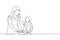 Single continuous line drawing Arabian mother feeds her daughter food and in front of her is bowl filled with salad. Cooking