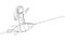 Single continuous line drawing of astronaut in spacesuit flying at outer space while standing on rocket spacecraft. Science milky