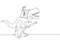 Single continuous line drawing brave businessman riding huge dangerous tyrannosaurus. Professional entrepreneur male character