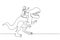 Single continuous line drawing brave businesswoman riding huge dangerous tyrannosaurus. Professional entrepreneur female character