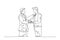 Single continuous line drawing of businessmen handshaking his business partner. Great teamwork. Business deal or strategic