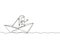 Single continuous line drawing cute smiling little girl sailing on paper boat. Happy smiling kid having fun and playing sailor in