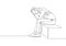 Single continuous line drawing of depression young worker sitting on chair and holding his head because of confused. Work pressure