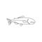 Single continuous line drawing of large salmon for fresh meat company logo identity. River fish mascot concept for fast food can