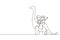 Single continuous line drawing little boy and girl caveman riding brontosaurus together. Kids sitting on back of dinosaur. Ancient