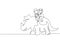 Single continuous line drawing little boy and girl caveman riding triceratops together. Kids sitting on back of dinosaur. Stone