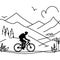 Single continuous line drawing. Mountain biker to the top of the mountains