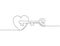 Single continuous line drawing of pair heart shaped key and keyhole fit on puzzle symbol. Romantic couple mate marriage concept.